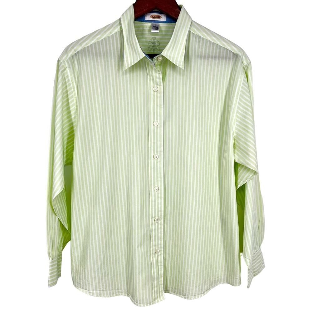 Talbots Sz Medium Green White Formal Button Down Blouse Shirt Top Mature Casual
